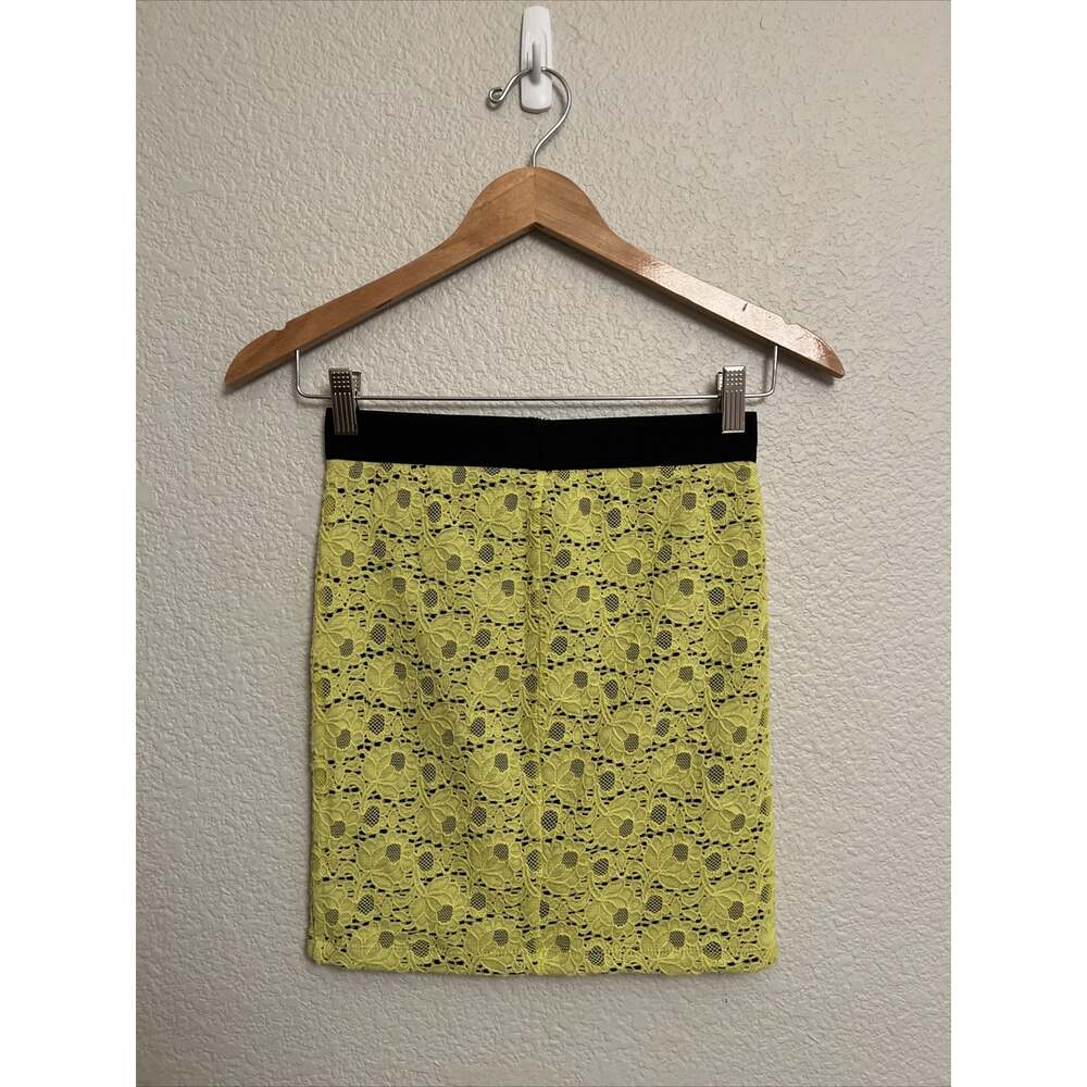Retro 80s 90s Candie's Lace Neon Yellow Black Floral Pencil Mini Skirt Grunge XS - Picture 3 of 4